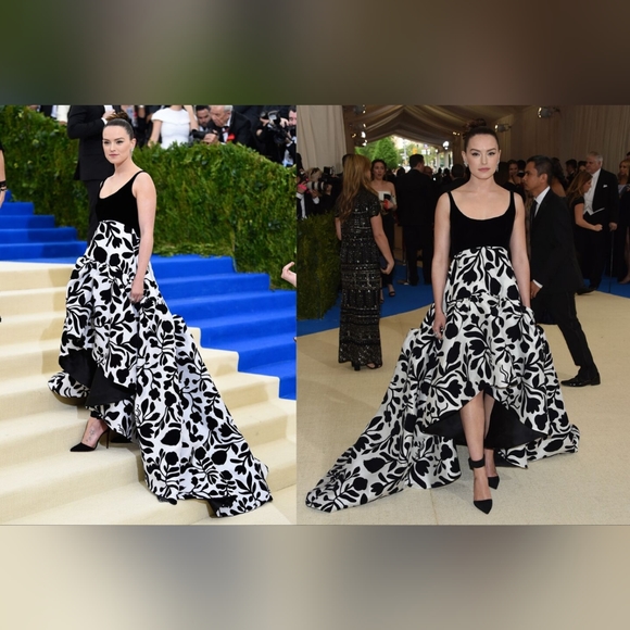 *$8,000 OSCAR DE LA RENTA WHITE SILK BLACK FLORAL EMBROIDERED RUNWAY GOWN US L - Picture 7 of 15